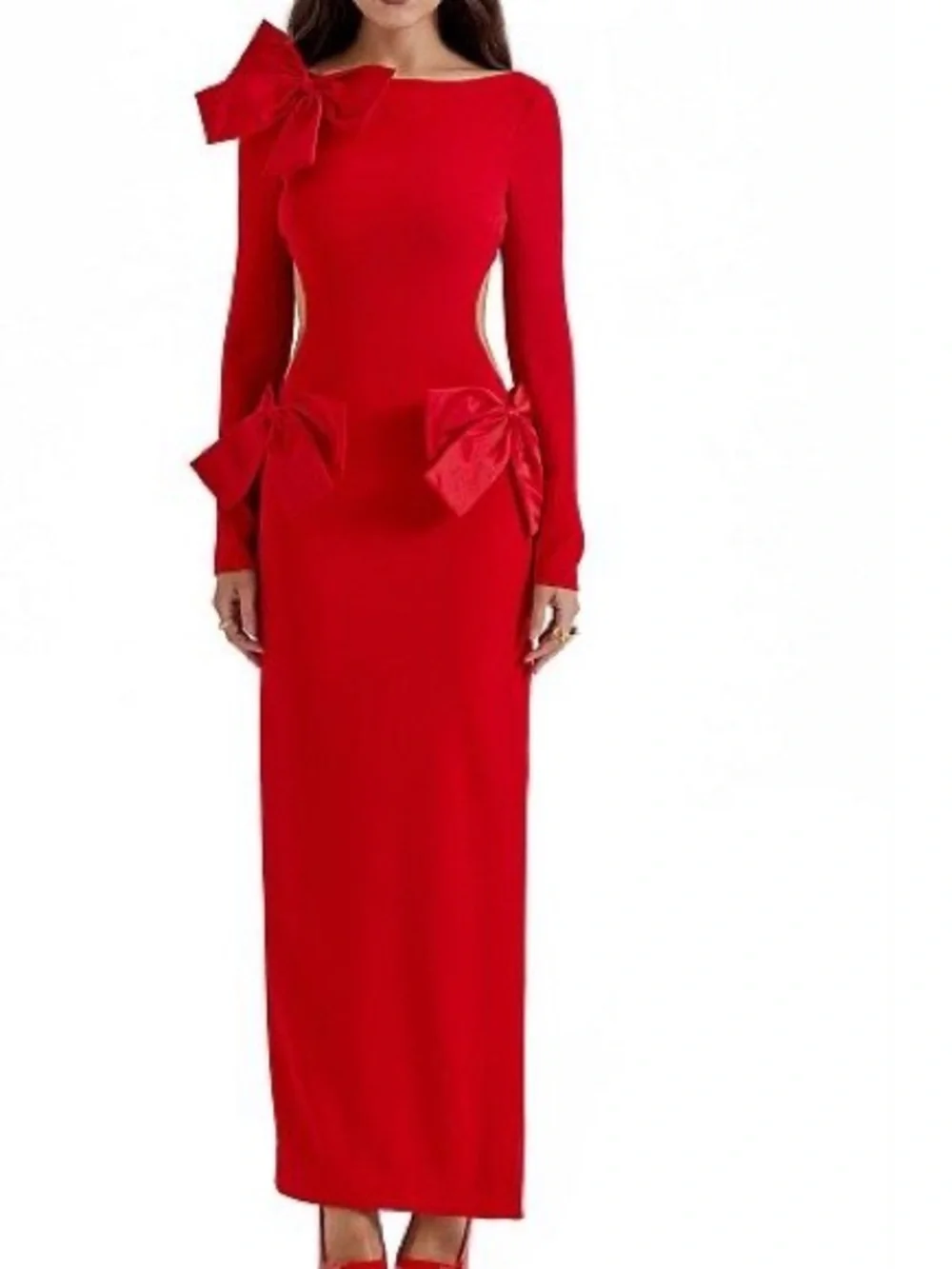 House of CB Red Long-Sleeve Maxi Dress with Sculpted Bows - Picture 1 of 4